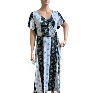 Du Jour Surplice Top Maxi Dress 2X Navy White Dotted Floral Stripe Short Sleeves